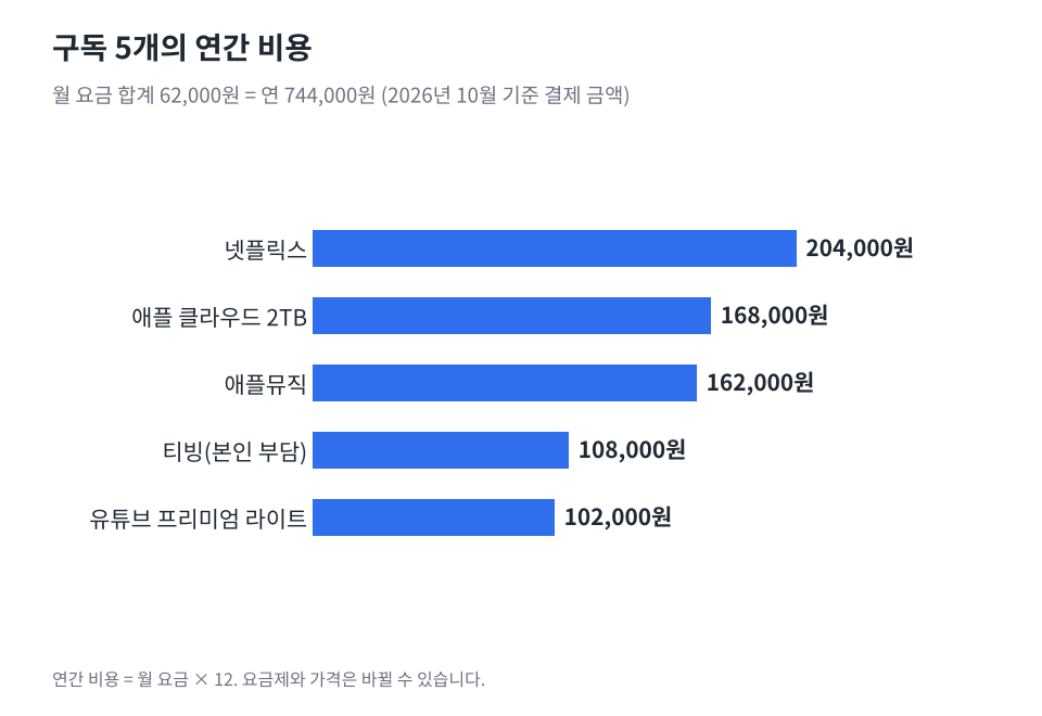 구독 5개의 연간 비용 가로 막대그래프. 넷플릭스 204,000원, 애플 클라우드 2TB 168,000원, 애플뮤직 162,000원, 티빙 108,000원, 유튜브 프리미엄 라이트 102,000원